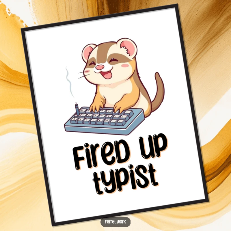Funny Office Ferret Digital Art Print: A kawaii ferret types on a smoking keyboard, a humorous and dynamic office digital artwork.