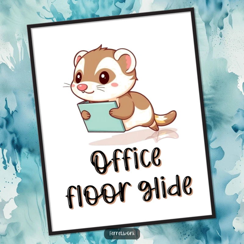 Funny Kawaii Office Ferret Digital Art: A cute ferret comically slides on a file folder across a polished floor, perfect for workspace humor.
