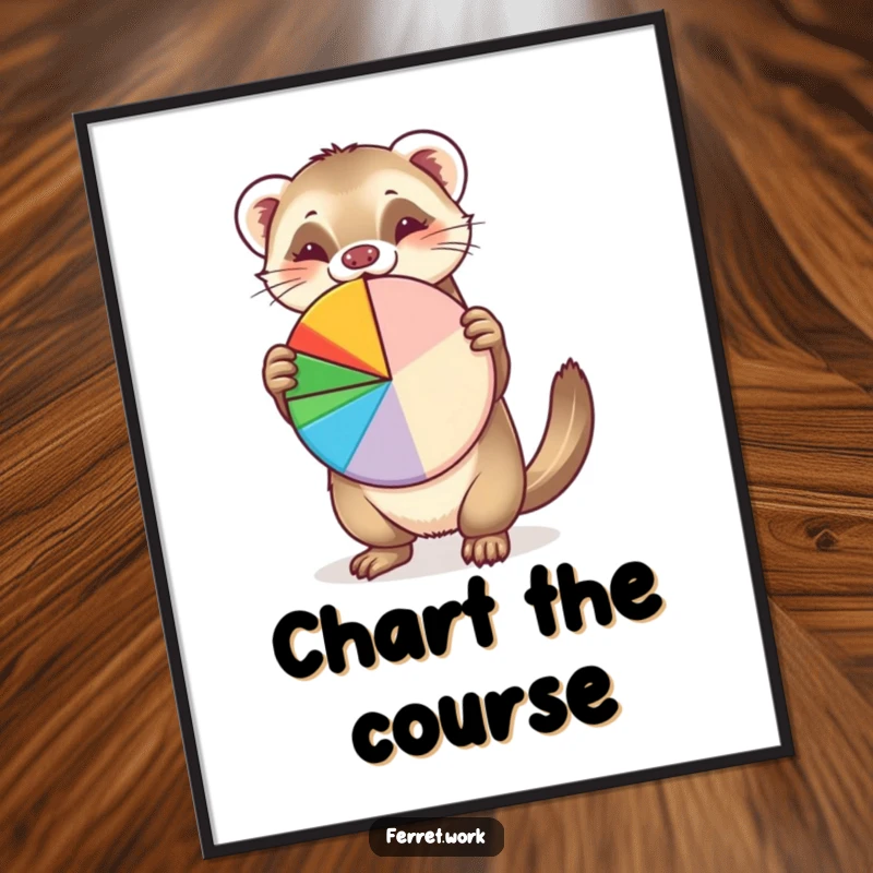 Funny digital art of an enthusiastic ferret presenting a colorful pie chart, perfect for humorous and data-themed wall art.