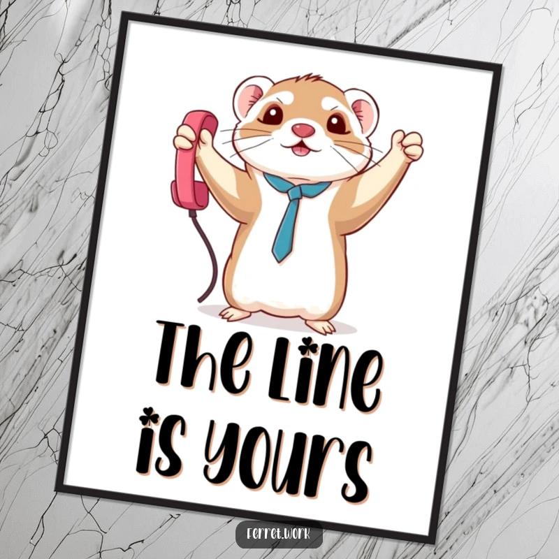 Funny triumphant kawaii office ferret holding a phone cord, a humorous digital art print for instant inspiration.