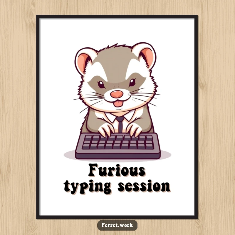 Funny kawaii office ferret typing furiously on a tiny keyboard, a humorous digital art print for instant motivational decor.