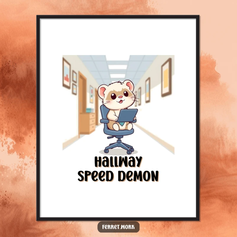 Funny kawaii office ferret in a dynamic zoom down an office hallway on a squeaky swivel chair, digital art print.