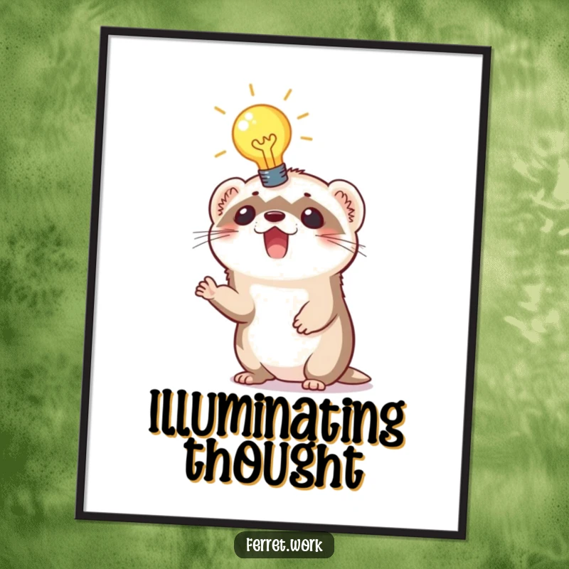 Funny digital art print of an excited ferret with a glowing lightbulb above its head, symbolizing a brilliant innovative idea.