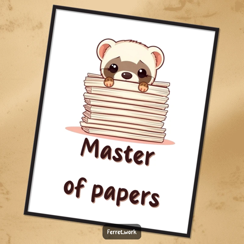 Funny ferret digital art print of a shy ferret peeking from behind a large stack of papers, instant download.