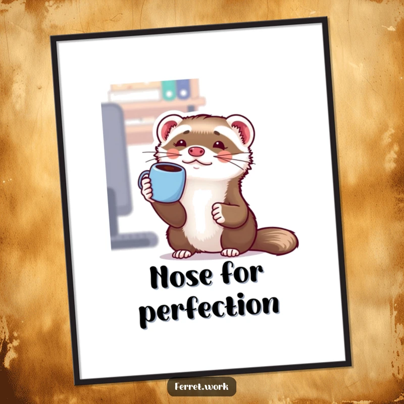 Funny Kawaii Office Ferret Digital Art: A cute ferret comically balances a coffee mug on its nose, perfect for workspace humor.