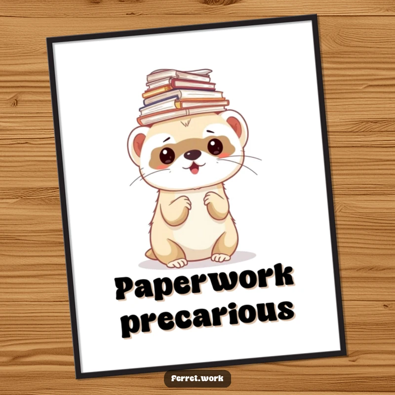 Funny ferret digital art print of a ferret balancing a stack of papers on its head, perfect for office decor.