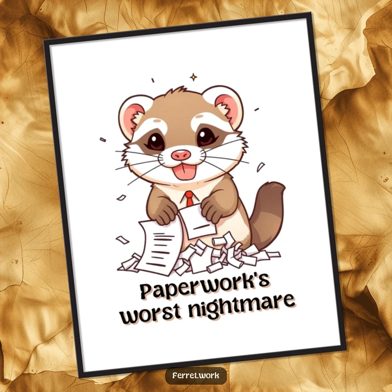 Funny kawaii office ferret with a mischievous grin, enthusiastically shredding documents, available as a downloadable digital art print.