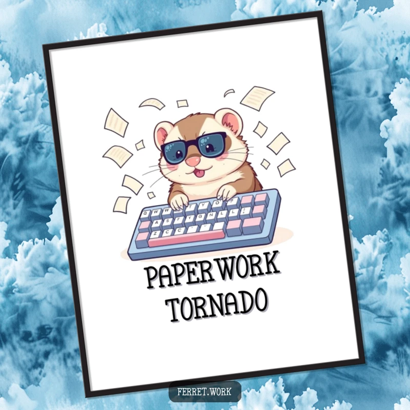 Funny ferret digital art print, a ferret typing furiously on a huge keyboard with papers flying, offering instant, humorous office decor.