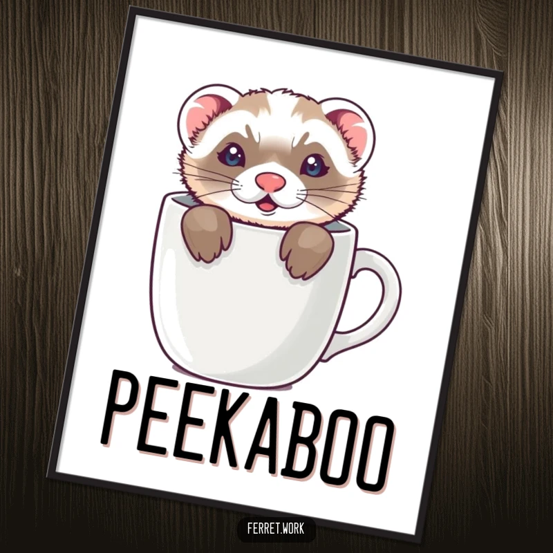 Funny digital art print of a ferret hiding inside a coffee mug, with only its ears visible, a playful and amusing scene.