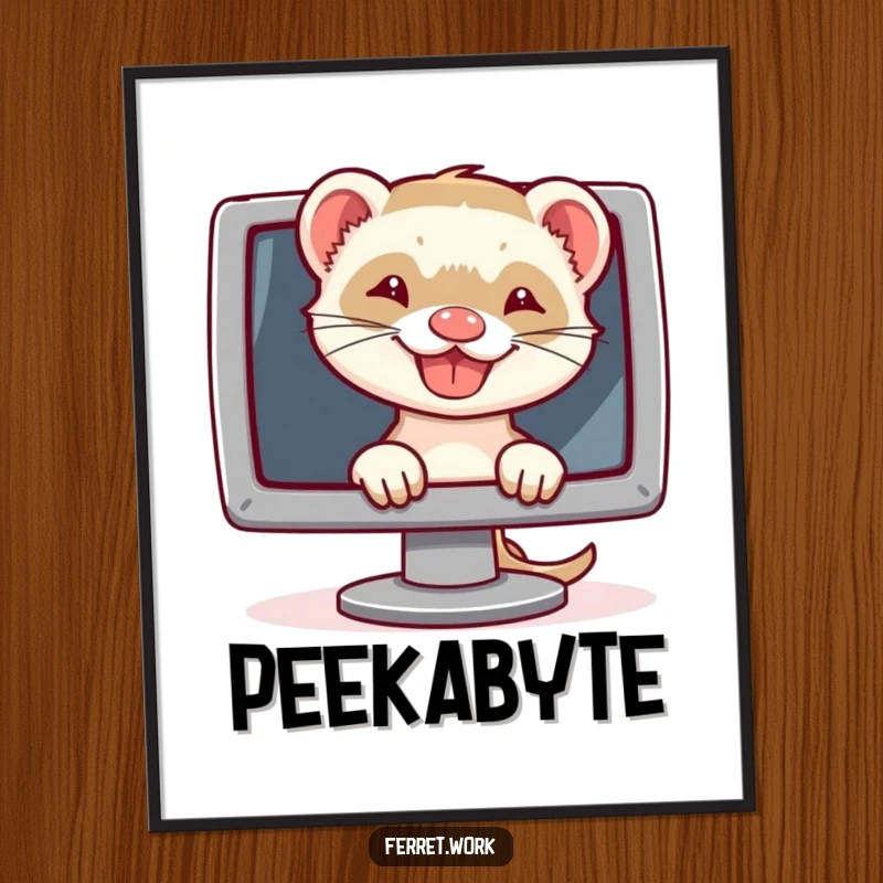 Funny digital art print of a grinning ferret peeking from behind a computer monitor, ideal for humorous tech decor.