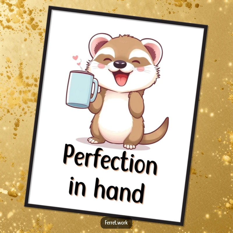 Funny digital art print of a small, joyful ferret holding a coffee mug with absolute delight. Cute animal art.