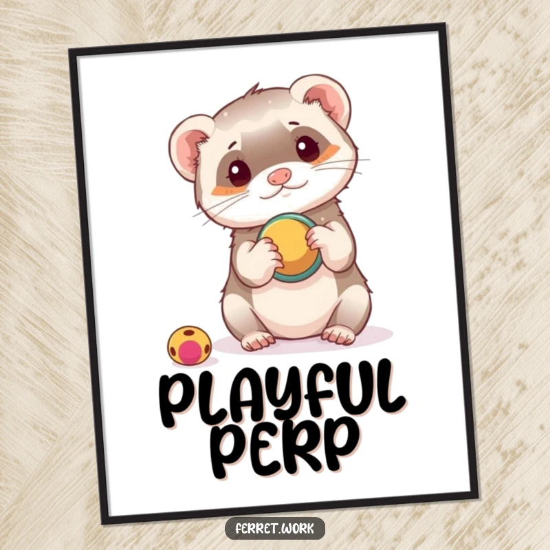 Funny digital art print of a ferret playfully interacting with a hole punch as a toy, a humorous and inventive scene.