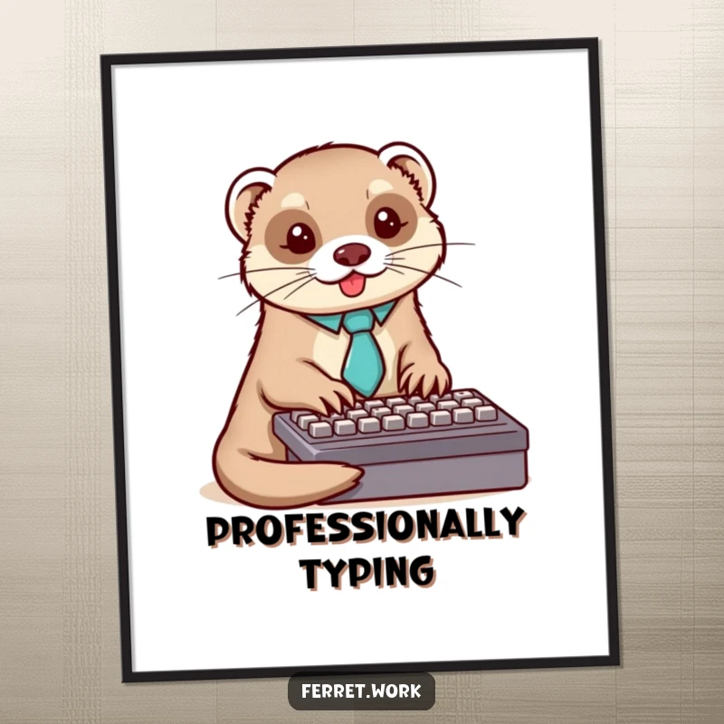 Funny ferret digital art print of a dapper ferret in a tie typing on a keyboard, instant download.