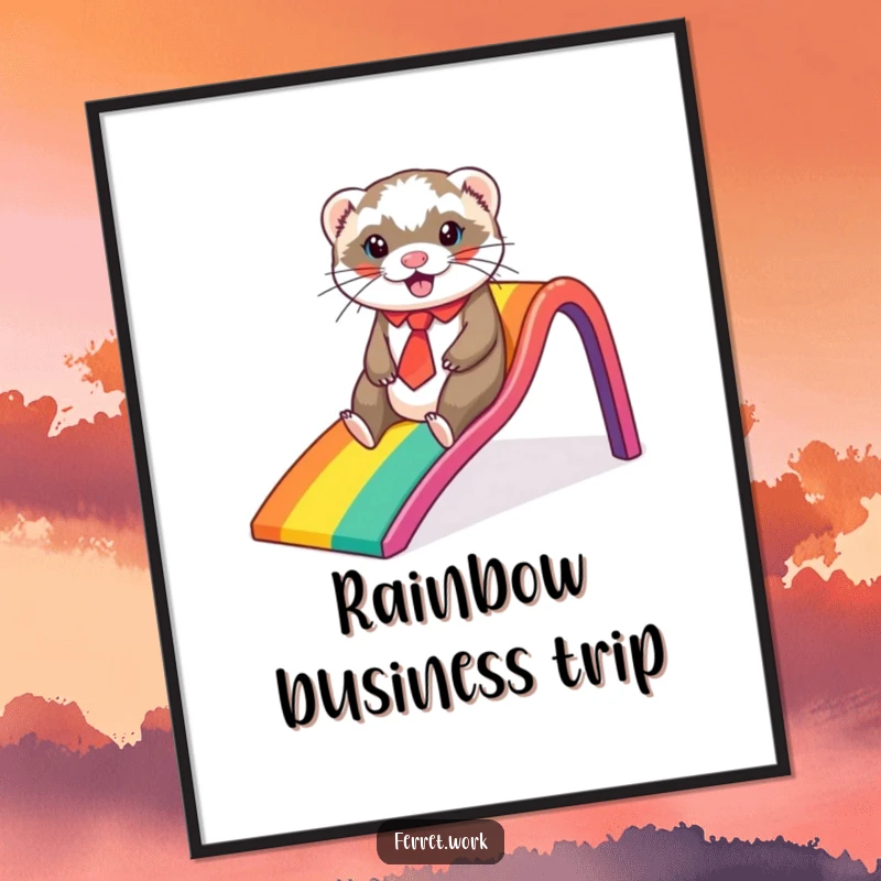 Funny ferret digital art print, a ferret in a tie sliding down a rainbow office slide, offering instant, whimsical, and humorous decor.
