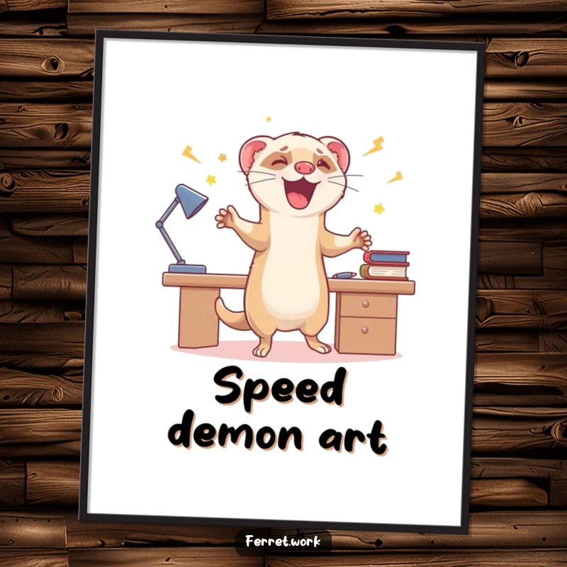 Funny digital art of an ecstatic ferret doing rapid zoomies around a desk, perfect for energetic and celebratory wall decor.