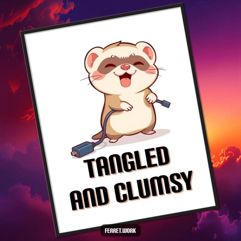 Funny ferret digital art print of a ferret comically tripping over a dangling power cord, instant download.