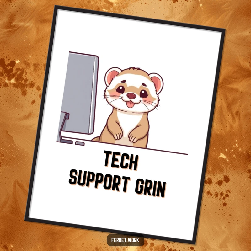 Funny digital art print of a ferret peeking over a computer monitor with a wide grin, ideal for tech-themed decor, funny gift.