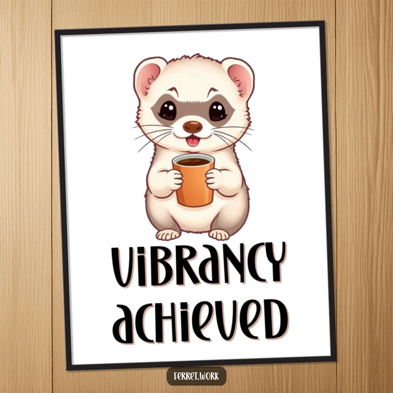 Funny digital art of an energetic ferret holding a miniature coffee cup, radiating caffeine-fueled happiness and charm.