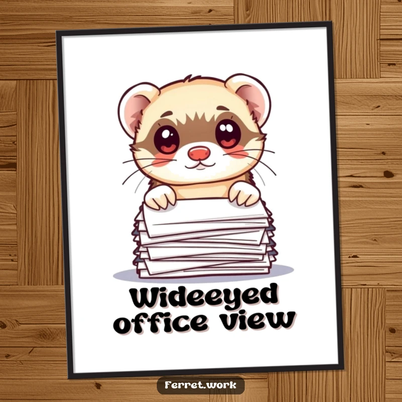 Funny kawaii office ferret peeking over documents with wide eyes, a humorous digital art print for instant desk decor.
