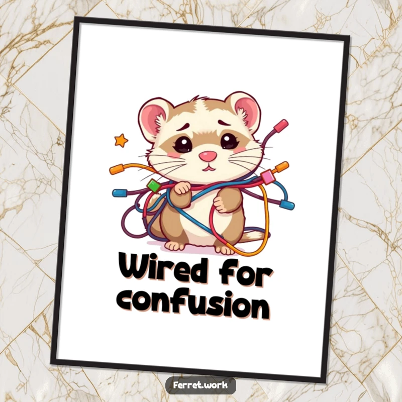 Funny confused kawaii office ferret in a mess of colorful wires, a humorous digital art print for immediate smiles.