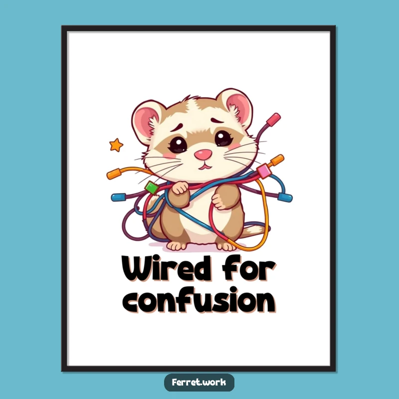 Funny Confused Kawaii Ferret Wire Tangle Digital Art, Instant Tech Humor Download