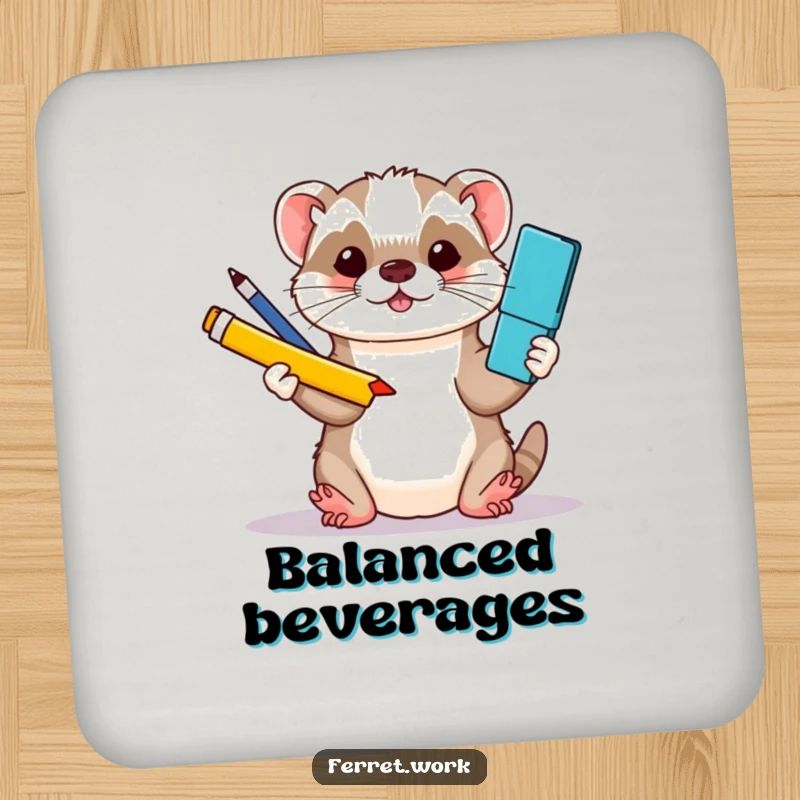 Funny kawaii office ferret juggling colorful office supplies with its paws, designed as a decorative drink coaster.