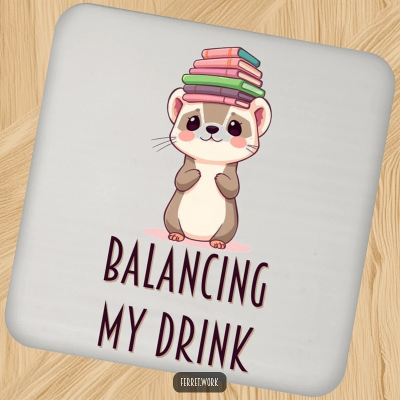 Funny ferret character balancing a stack of forms on its head on a drink coaster, for surface protection.