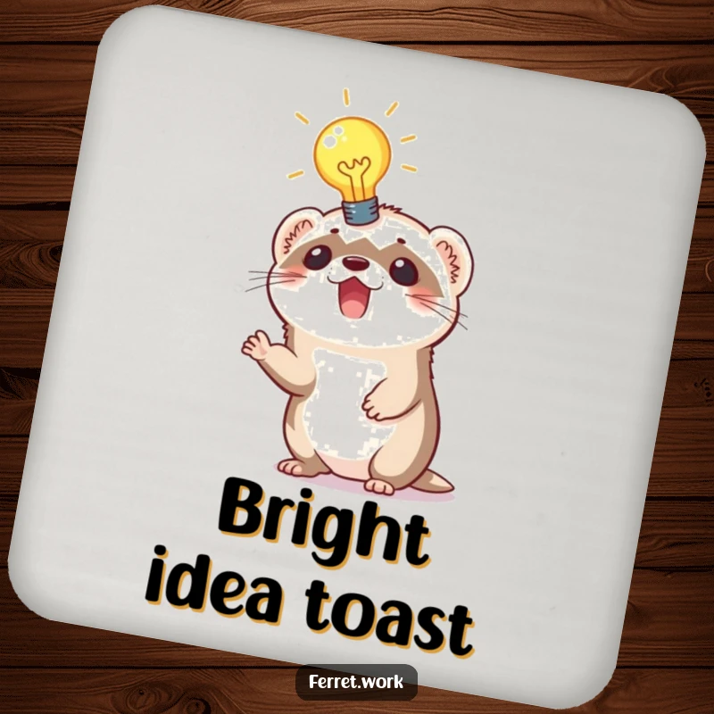Funny coasters with an excited ferret sporting a brightly lit lightbulb above its head, adding inspiration to drink protection.