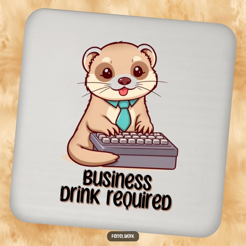 Funny ferret coasters with a business ferret wearing a tie typing on a keyboard, perfect desk protection.