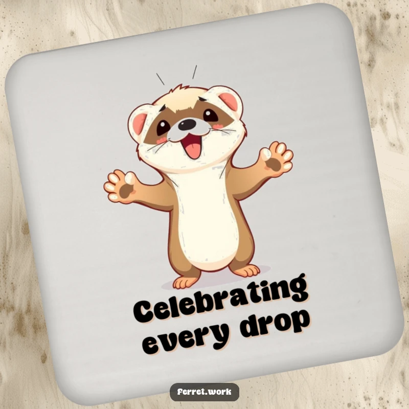 Funny Ferret Drink Coaster showing a cute ferret with paws in the air, celebrating a goal with a triumphant squeak.