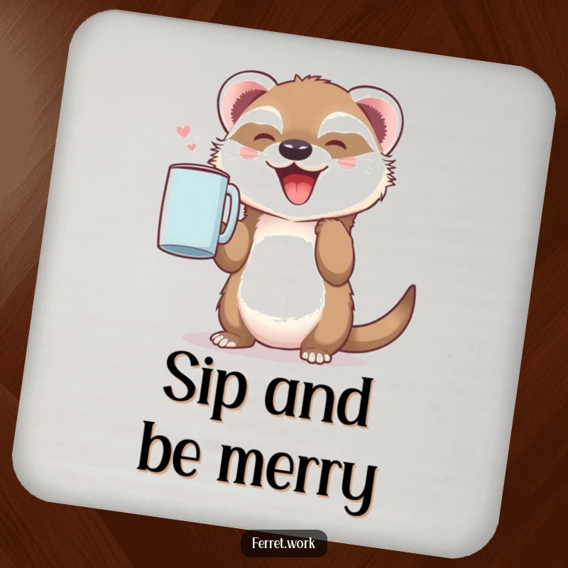 Funny and cute drink coaster featuring a little ferret holding a coffee mug with great joy. Protects surfaces.