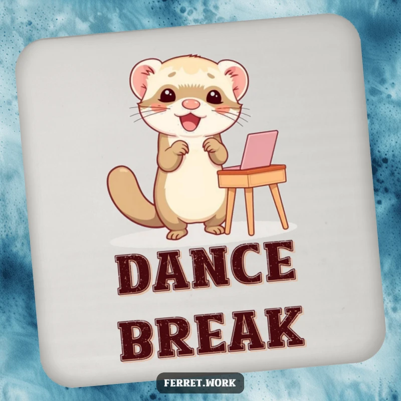 Funny drink coasters with a ferret doing a happy dance at a small desk, bringing energetic humor to surfaces.