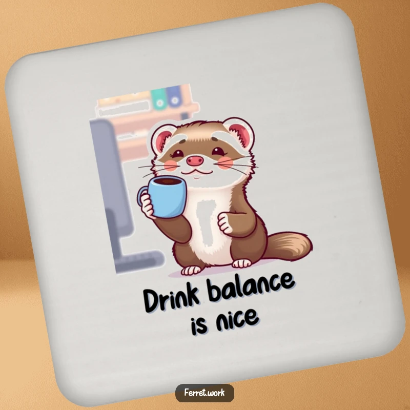 Funny Kawaii Office Ferret Coaster: A cute ferret comically balances a coffee mug on its nose, adding office humor.