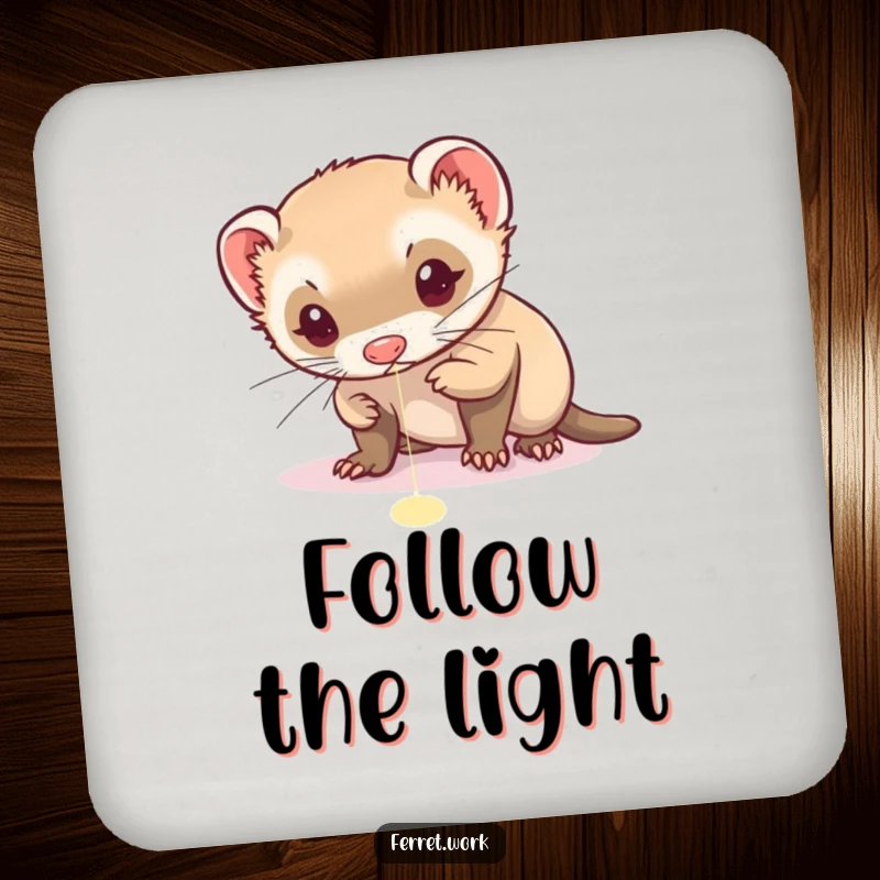 Funny coasters with a ferret intensely focused on chasing a red laser pointer dot, adding humor to drink protection.