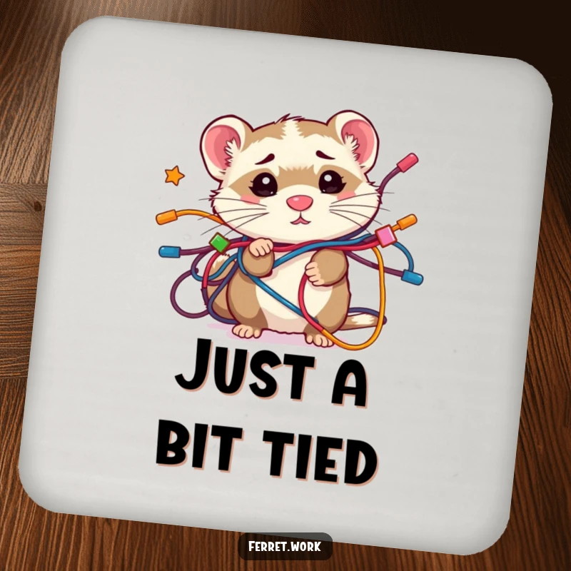 Funny confused kawaii office ferret entangled in colorful wires, a humorous and practical drink coaster.
