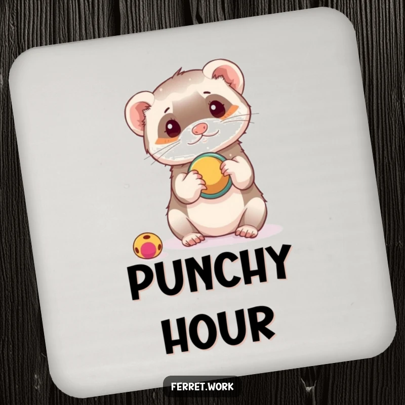 Funny drink coaster showing a ferret playfully using a hole punch as a toy, a humorous and resourceful addition.