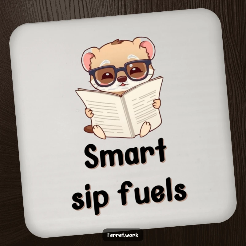 Funny drink coaster showing a ferret wearing glasses, amused by a large document, adding a touch of humorous intellect.