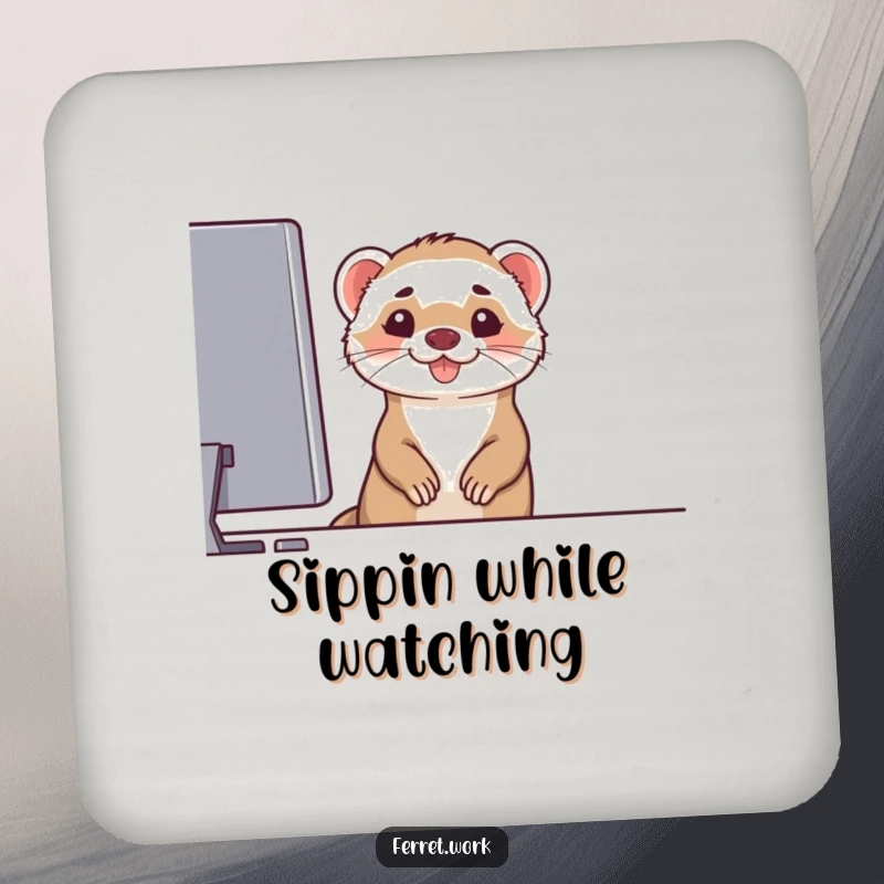 Funny drink coaster featuring a ferret peeking from behind a computer monitor with a big grin, adding tech humor, funny gift.