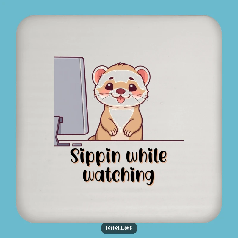 Funny Ferret Computer Grin Coaster - Protect with Techy Humor Gift