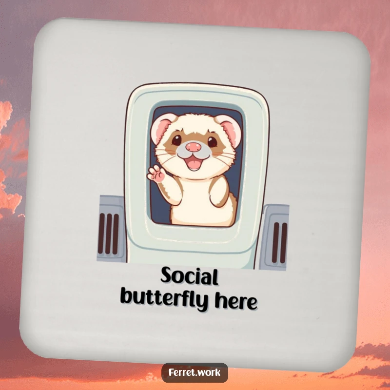 Funny coaster: A happy ferret peeking from a cubicle, waving a friendly hello to protect your surfaces.