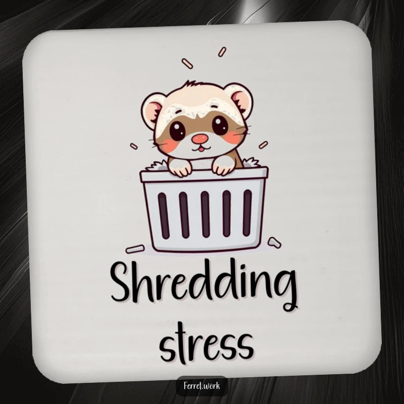 Funny ferret popping its head out of a paper shredder on a drink coaster, protecting surfaces humorously.