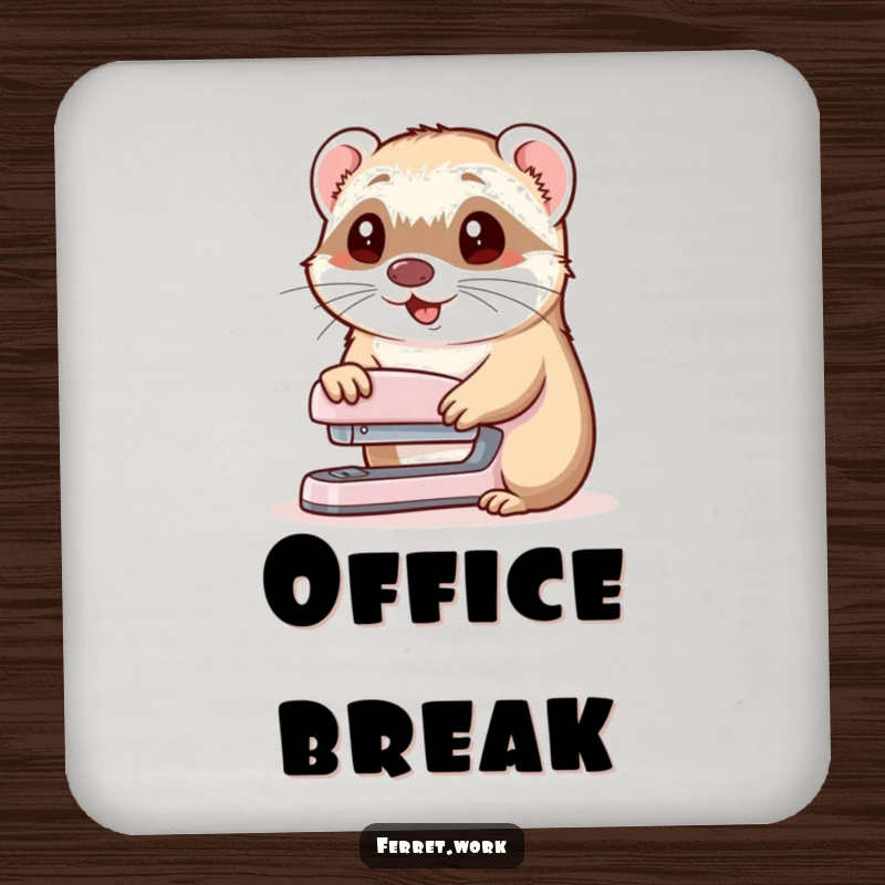 Funny drink coasters with a cheerful ferret offering a stapler and nodding, bringing office humor to surfaces.