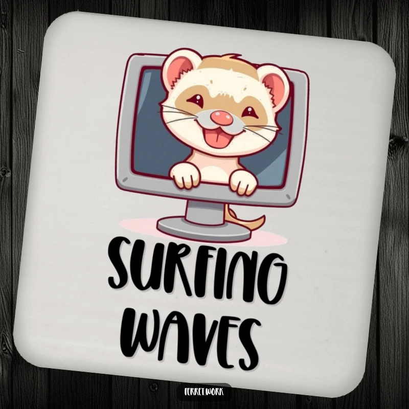 Funny drink coasters with a grinning ferret peeking from behind a computer monitor, bringing tech humor to surfaces.