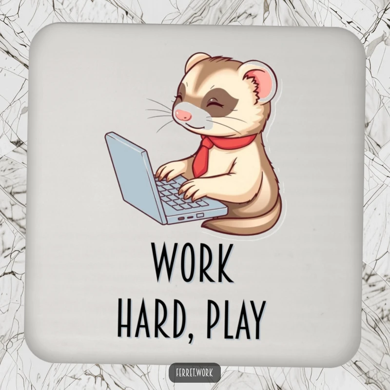 Cute ferret in a tie, typing enthusiastically on a laptop, on a humorous and protective drink coaster.