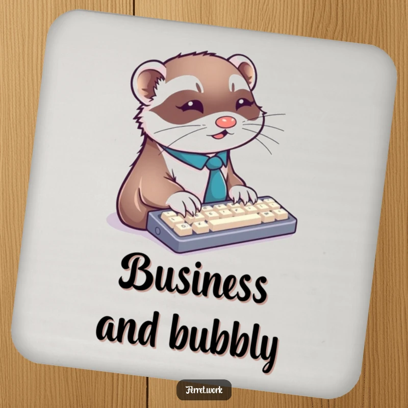 Funny ferret coaster featuring a ferret in a tie typing on a keyboard, protecting surfaces with humor.