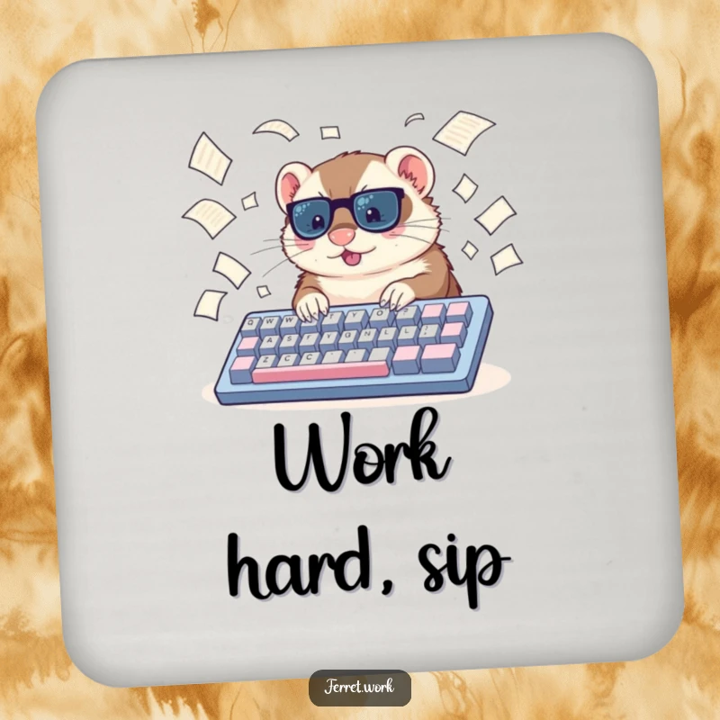 Funny ferret coaster, a busy ferret typing on a large keyboard with papers flying, offering surface protection with office humor.