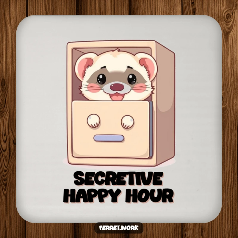 Funny drink coaster featuring a grinning ferret peeking out from a filing cabinet, perfect for protecting surfaces with humor.