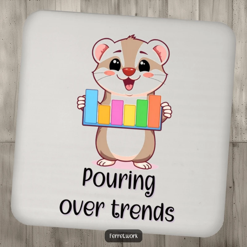 Funny kawaii ferret character enthusiastically presenting a colorful bar graph on a drink coaster for surface protection.