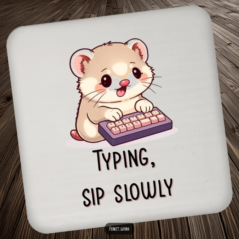 Funny Coaster featuring a kawaii ferret typing on a tiny keyboard with its paws, ideal for cute table protection.