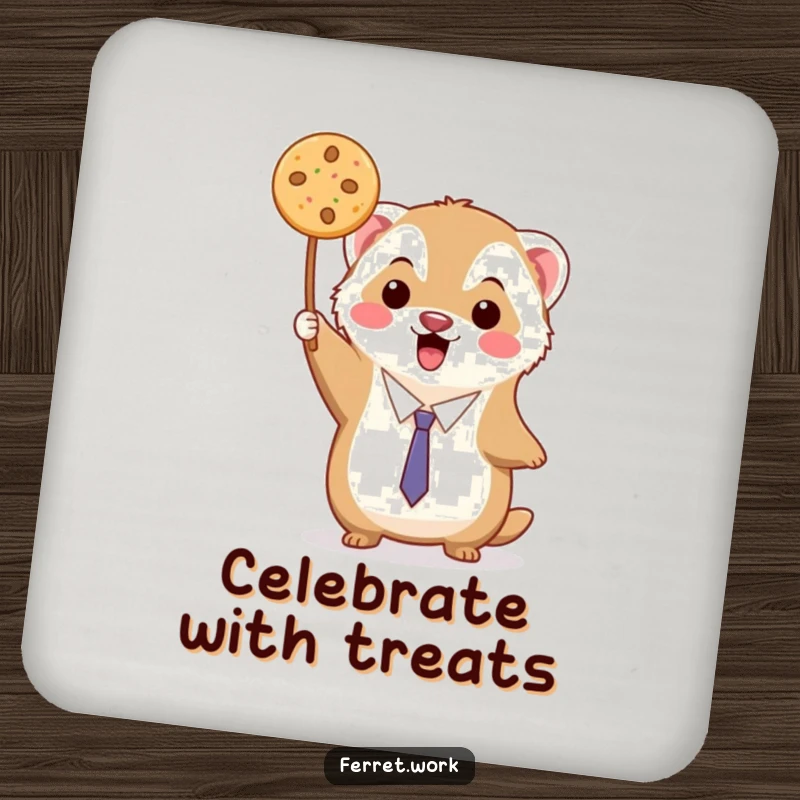 Funny kawaii office ferret triumphantly holding up a single delicious cookie, designed as a drink coaster.